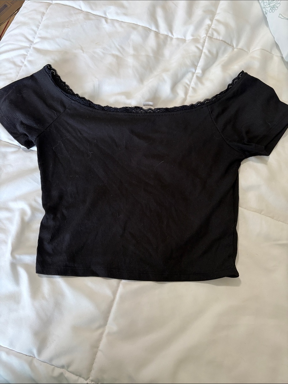 Charlotte Russe Black Lace-Trim Ribbed Off-Shoulder Top